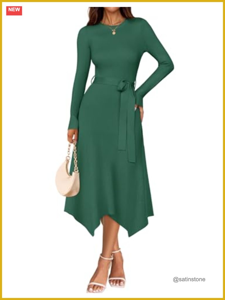 Long Sleeve Ribbed Knit Midi Dress With Self-Tie Belt Slim Fit